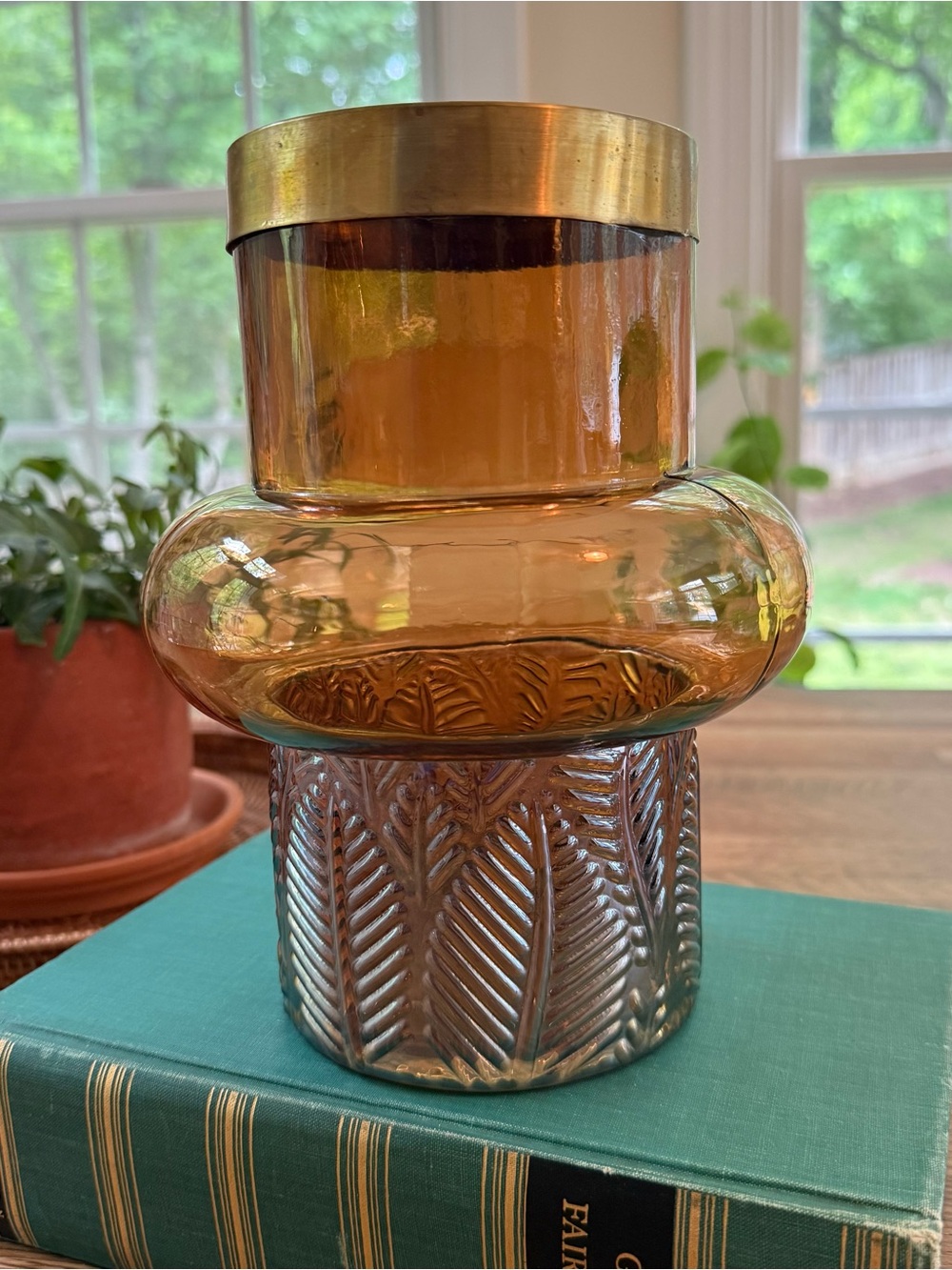 Boho Amber Glass Accent Vase with Pressed Leaf Detail and Brass Tone Metal Rim
